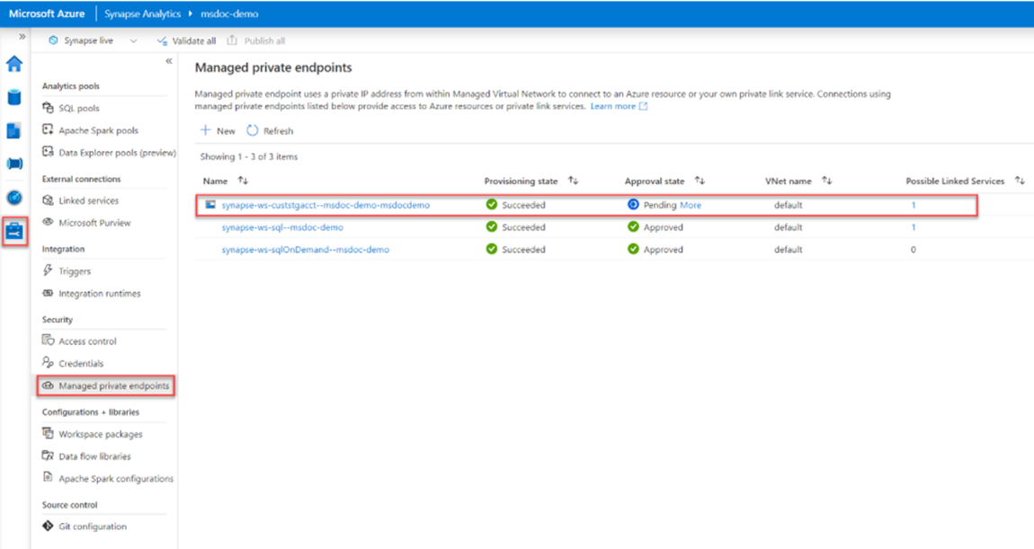 Screenshot showing a successfully created, managed private endpoint, with approval state pending.