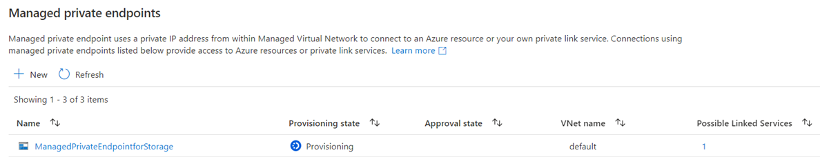 Screenshot showing the provisioning state of a new managed private endpoint that is pending.