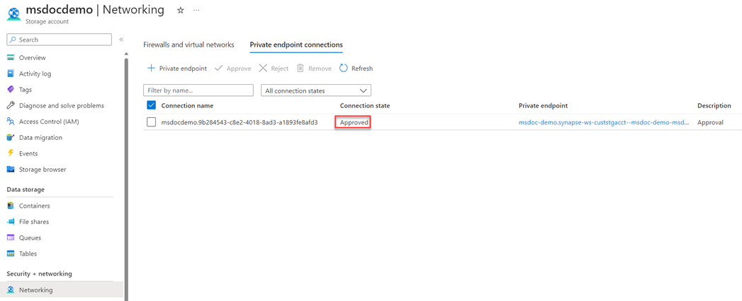 Screenshot showing a private endpoint with Approved state highlighted.