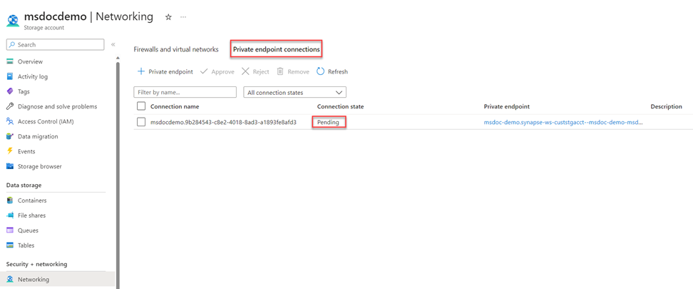 Screenshot showing a new private endpoint request in a pending state.