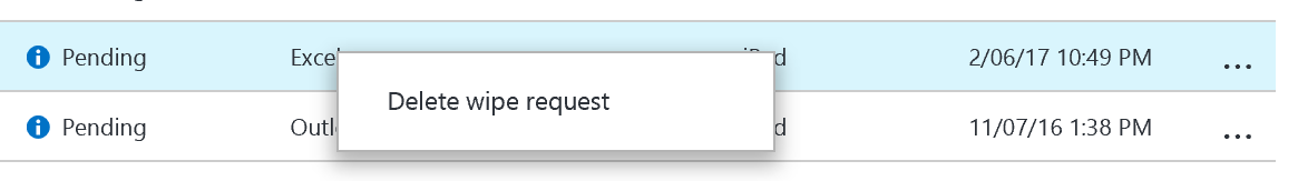 Screenshot of the wipe request list in the App selective wipe pane