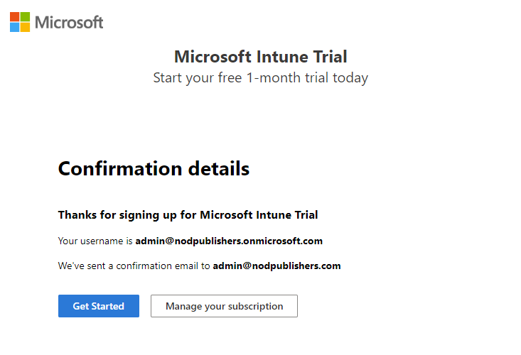 Screenshot of the Microsoft Intune set up account page -  Confirmation details