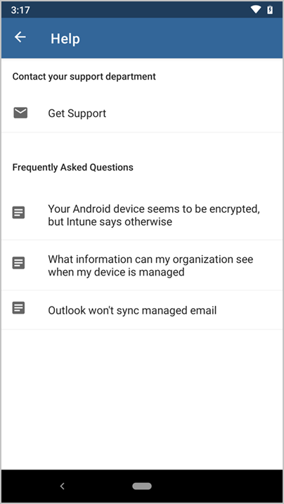 Screenshot of Microsoft Intune app, Help screen.