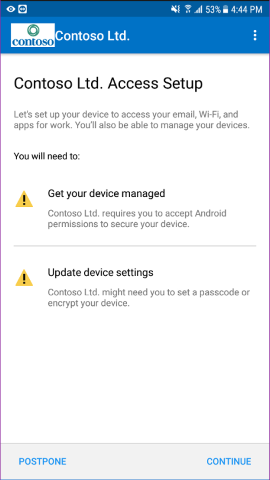 Screenshot shows Company Portal app for Android, Access Setup screen.