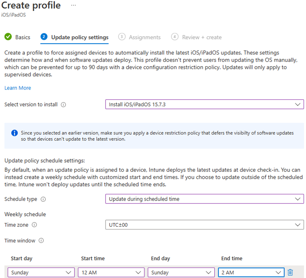 Screenshot that shows the specific version to install and installing the updates on Sundays for iOS/iPadOS devices in the Microsoft Intune admin center.