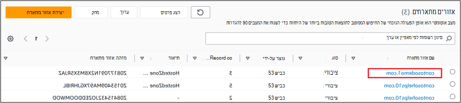 צילום מסך של אזורים מתארח שבהם אתה בוחר את שם התחום עבור רשומת TXT לאימות תחום.