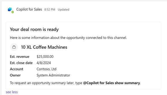 Screenshot showing opportunity summary in deal room when copilot AI features are disabled.