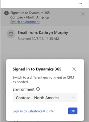Screenshot showing environment switcher for a when signed in to a single environment.