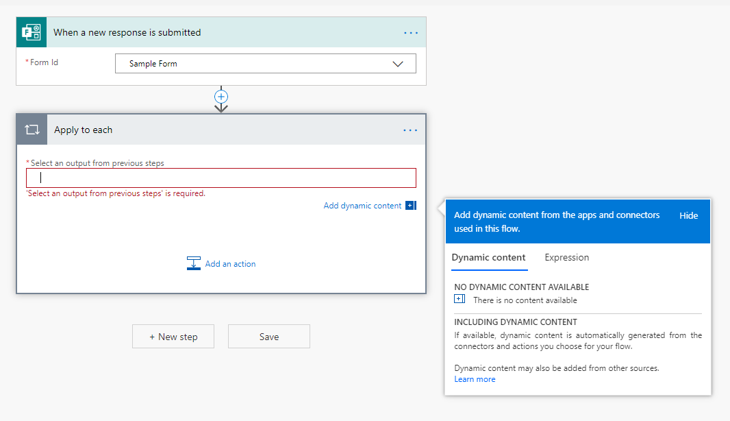 Screenshot shows there's no dynamic content automatically available when using the Microsoft Forms card.