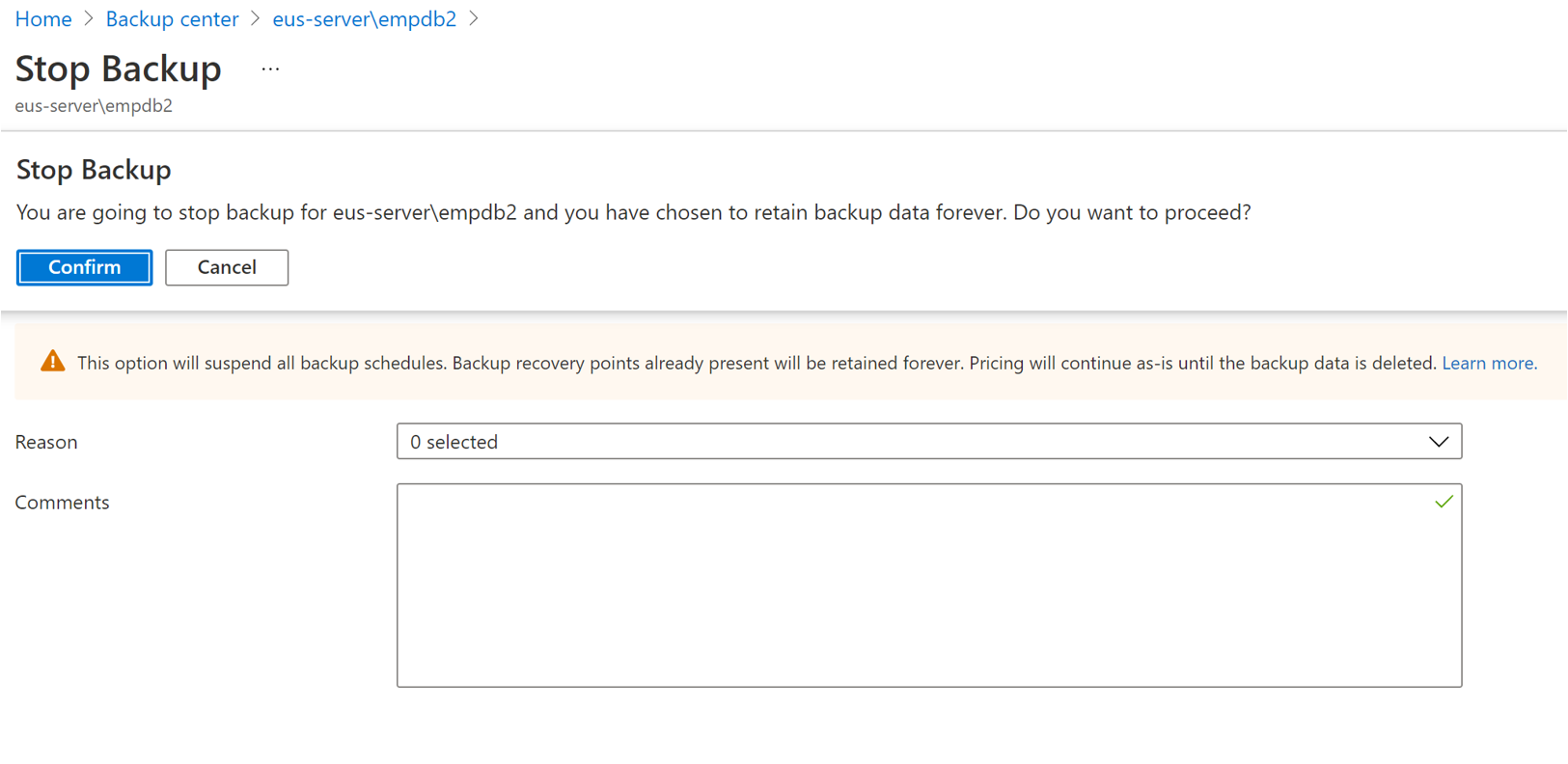 Screenshot that shows the confirmation for stopping a backup.