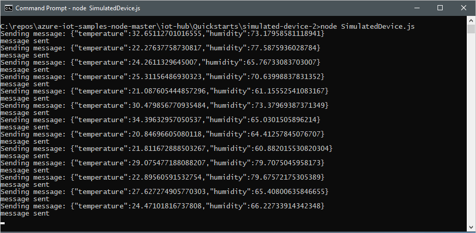 Screenshot of a terminal window that shows the output of the simulated device application.