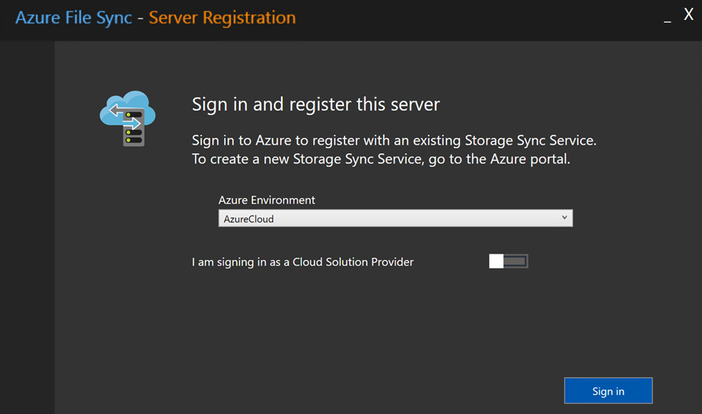 Screenshot of sign-in information for the Server Registration dialog.