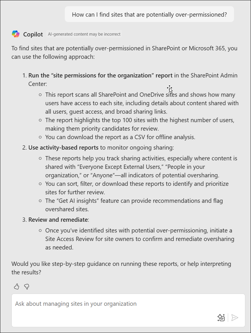 Screenshot showing Copilot in the SharePoint admin center providing step-by-step guidance for finding over-permissioned sites with sequential instructions.