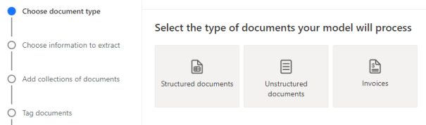 צילום מסך של האריחים במקטע 'בחר את סוג המסמכים שהמודל שלך יעבד'.