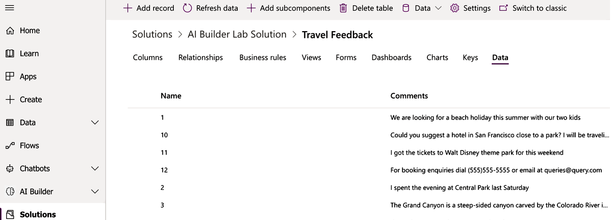 צילום מסך של הרשומות המיובאות בכרטיסיה 'נתונים'.