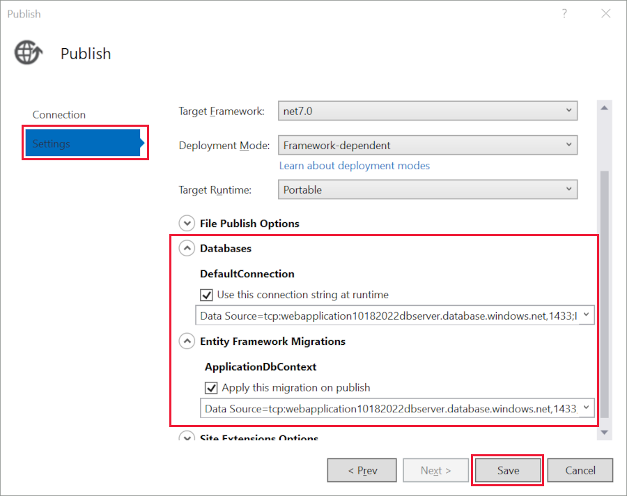 Publish dialog: Settings panel:Save