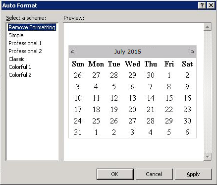 Auto Format dialog box (Calendar control) Auto Format dialog box (Calendar control)