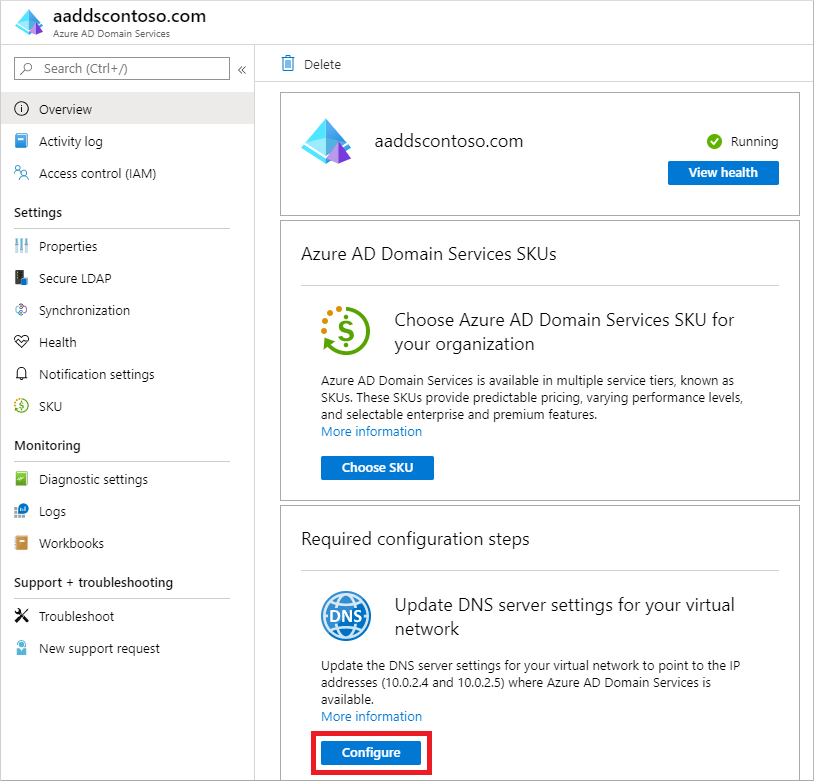 Configure DNS settings for your virtual network with the Azure AD Domain Services IP addresses