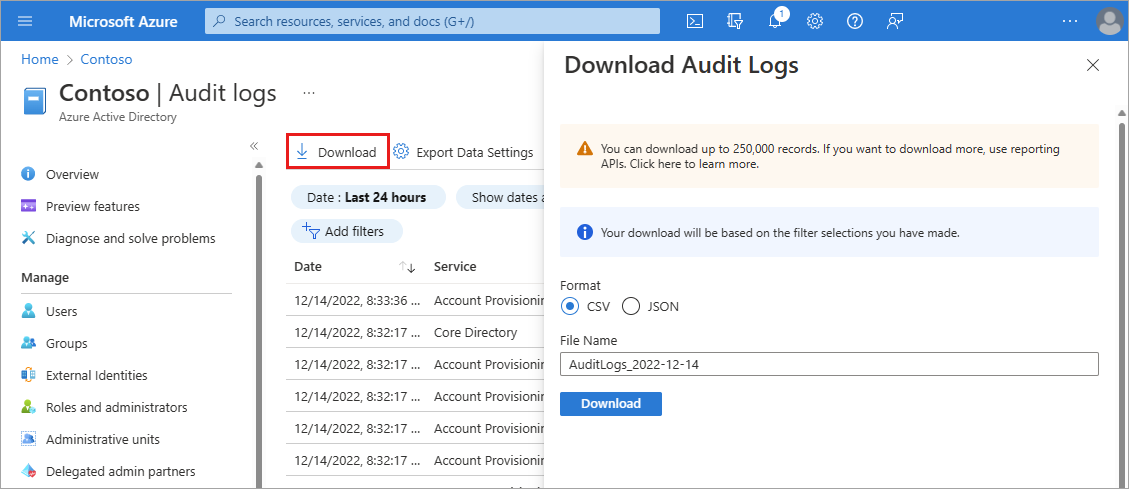 Screenshot of the audit log download process.