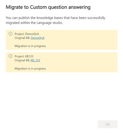 Screenshot of successfully migrated knowledge bases with information that you can publish by using Language Studio