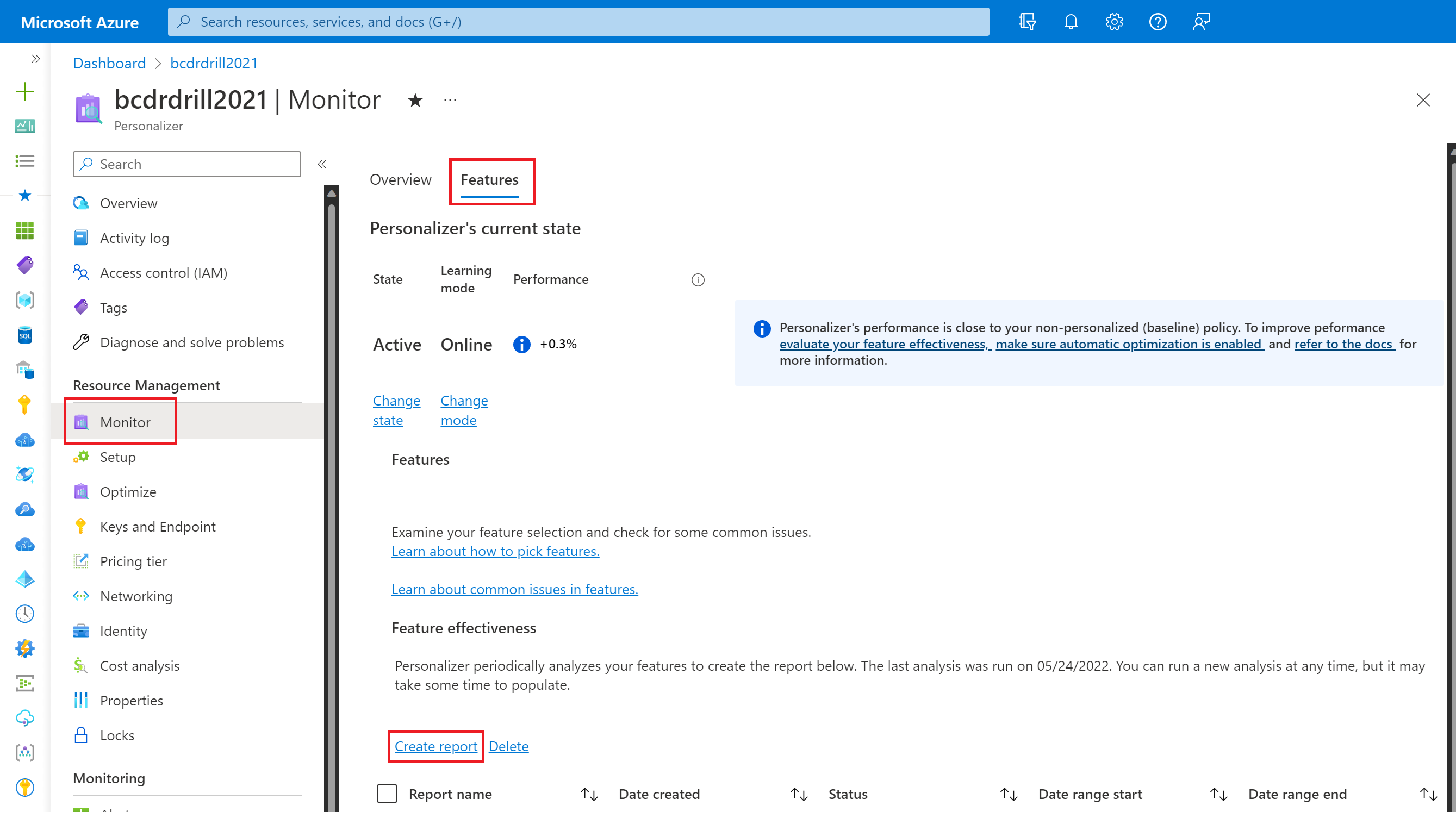 Screenshot that shows how to create a Feature Evaluation in your Personalizer resource by clicking on "Monitor" blade, the "Feature" tab, then "Create a report".