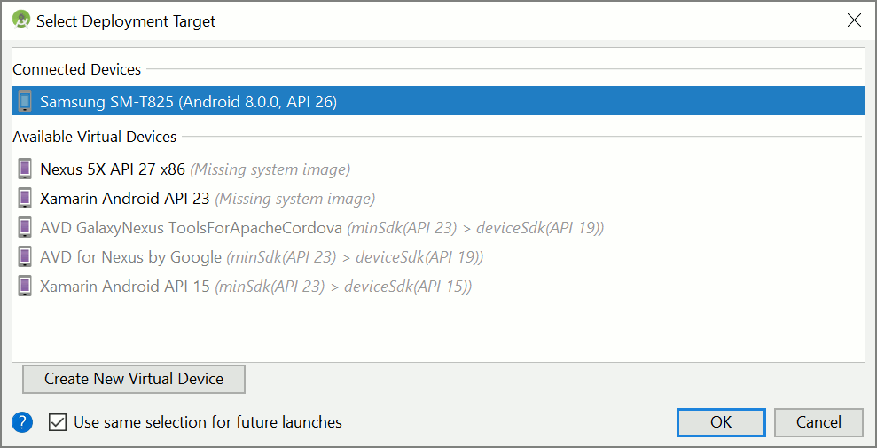 Screenshot of Select Deployment Target window