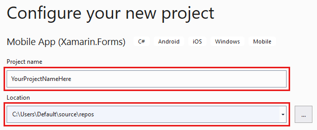 Screenshot that shows how to configure your new project in Visual Studio.