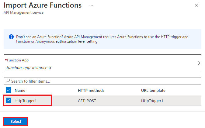 Screenshot that highlights the Functions to import and the Select button.