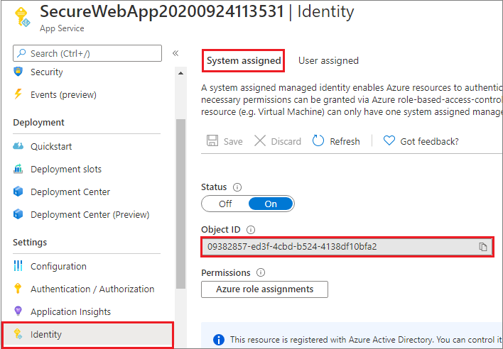 Screenshot that shows the System assigned identity option.