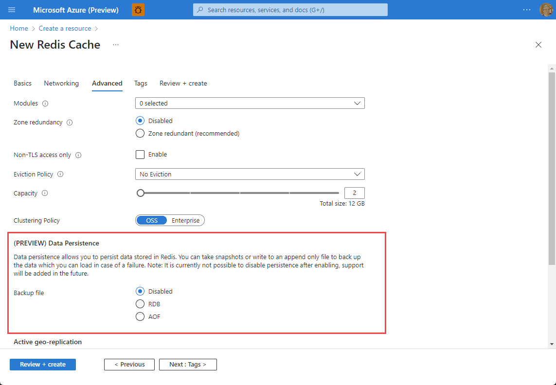 Screenshot that shows the Enterprise tier Advanced tab and Data persistence is highlighted with a red box.