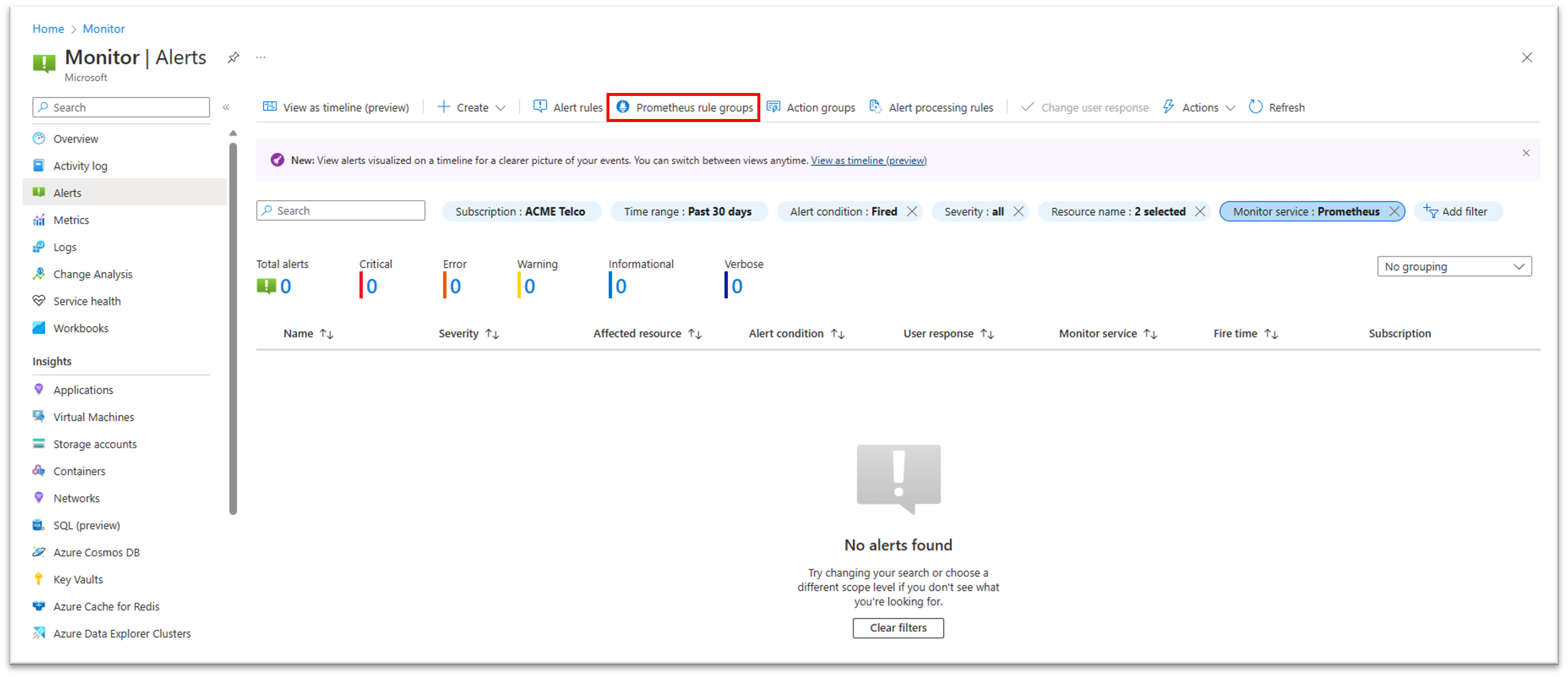 Screenshot that shows how to view Prometheus rule groups from the alerts screen.