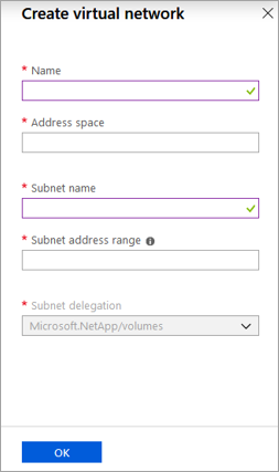 Screenshot of create a virtual network window.