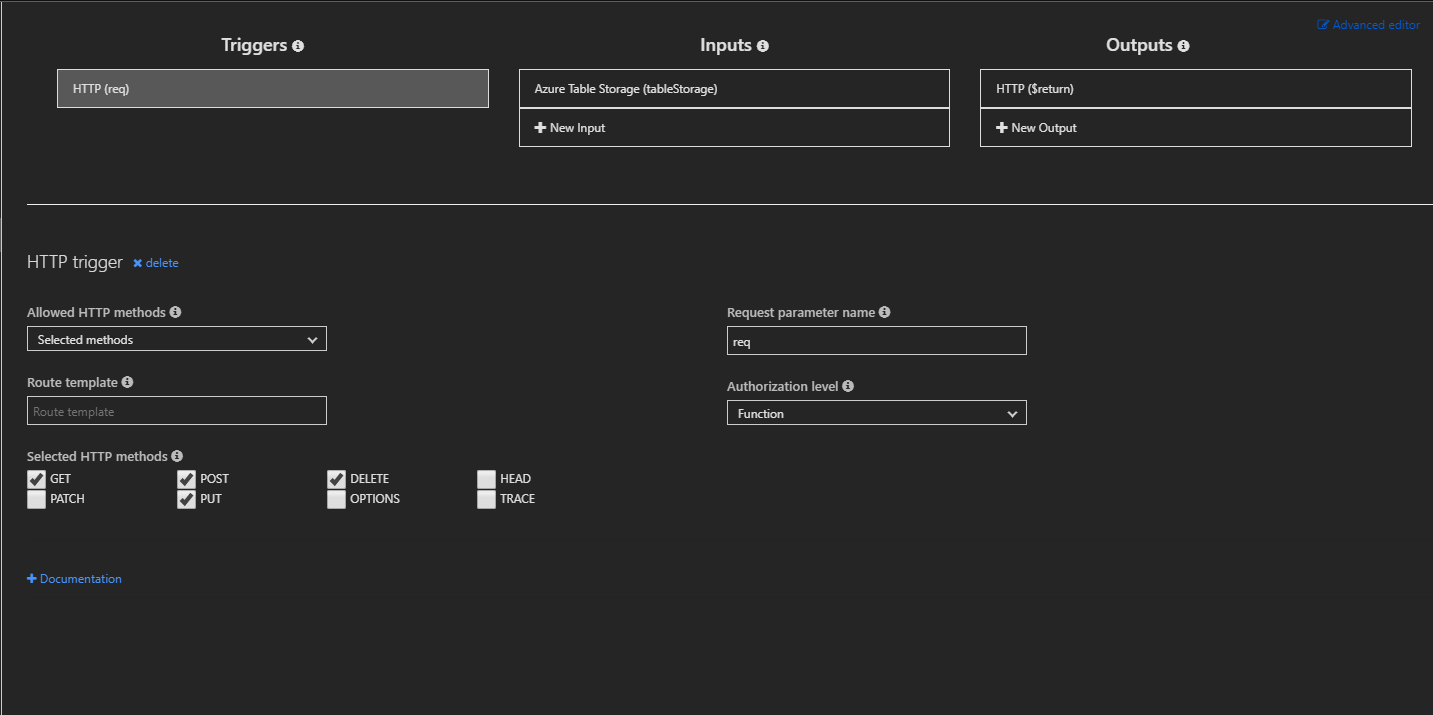 Screenshot of the Azure Functions Integrate tab displaying the selection of RESTful HTTP methods.