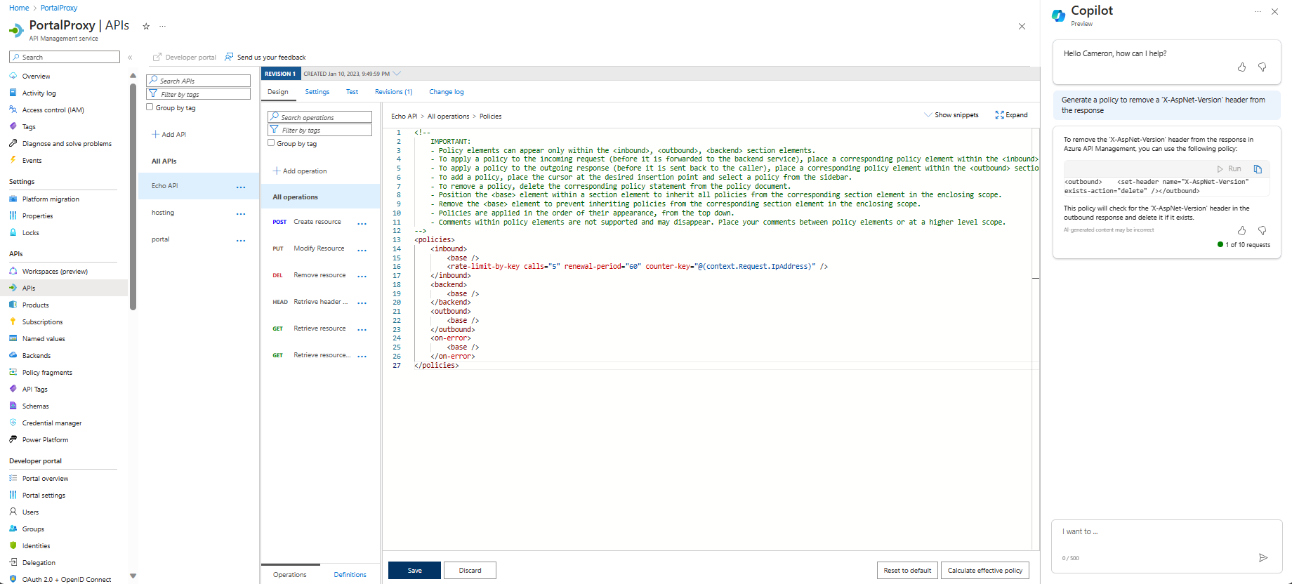 Screenshot of Microsoft Copilot in Azure generating a policy to remove a header.