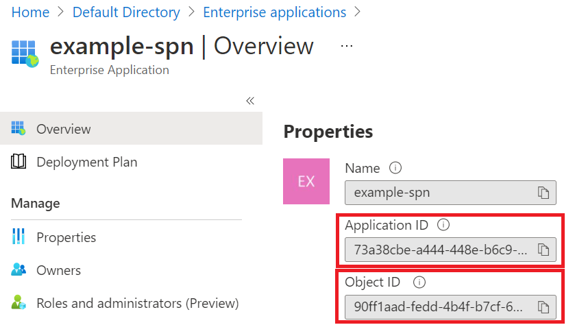 Screenshot showing an application ID and object ID for an enterprise application.