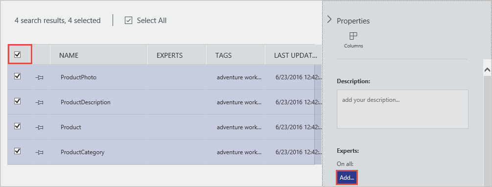 The checkbox in the title row of the results table is selected. All returned assets were selected when this checkbox in the title row was selected. Edits to the 'Properties' window will affect all selected assets.