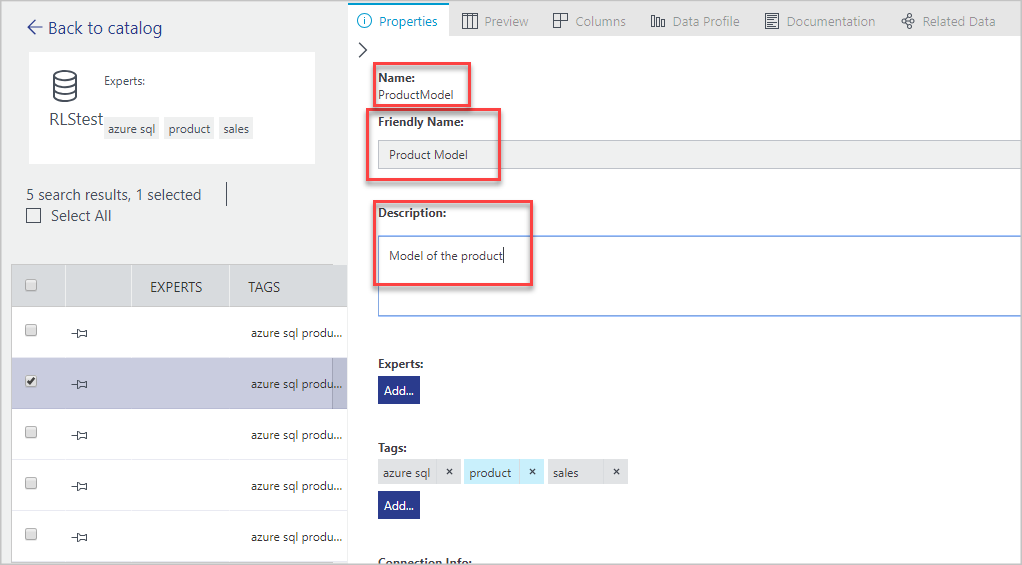 In the Properties pane, the name, friendly name, and description of the selected resource are shown. The information is editable.