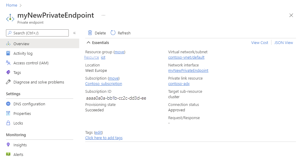 Screenshot of the create private endpoint page, showing the results of the private endpoint creation.