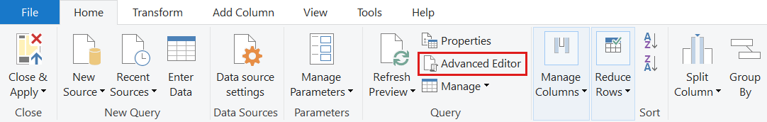 Screenshot of the Power BI advanced query editor option in Power BI Desktop.