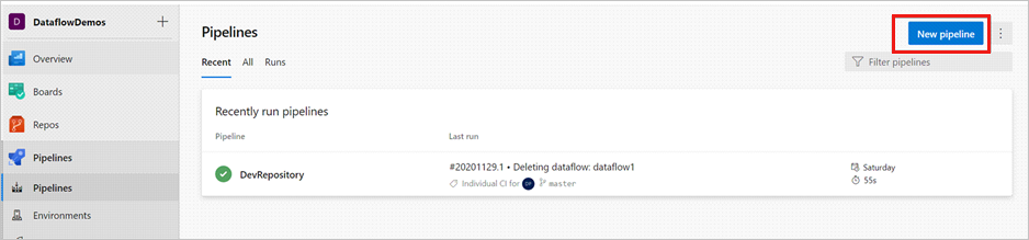 Screenshot that shows the New pipeline button.
