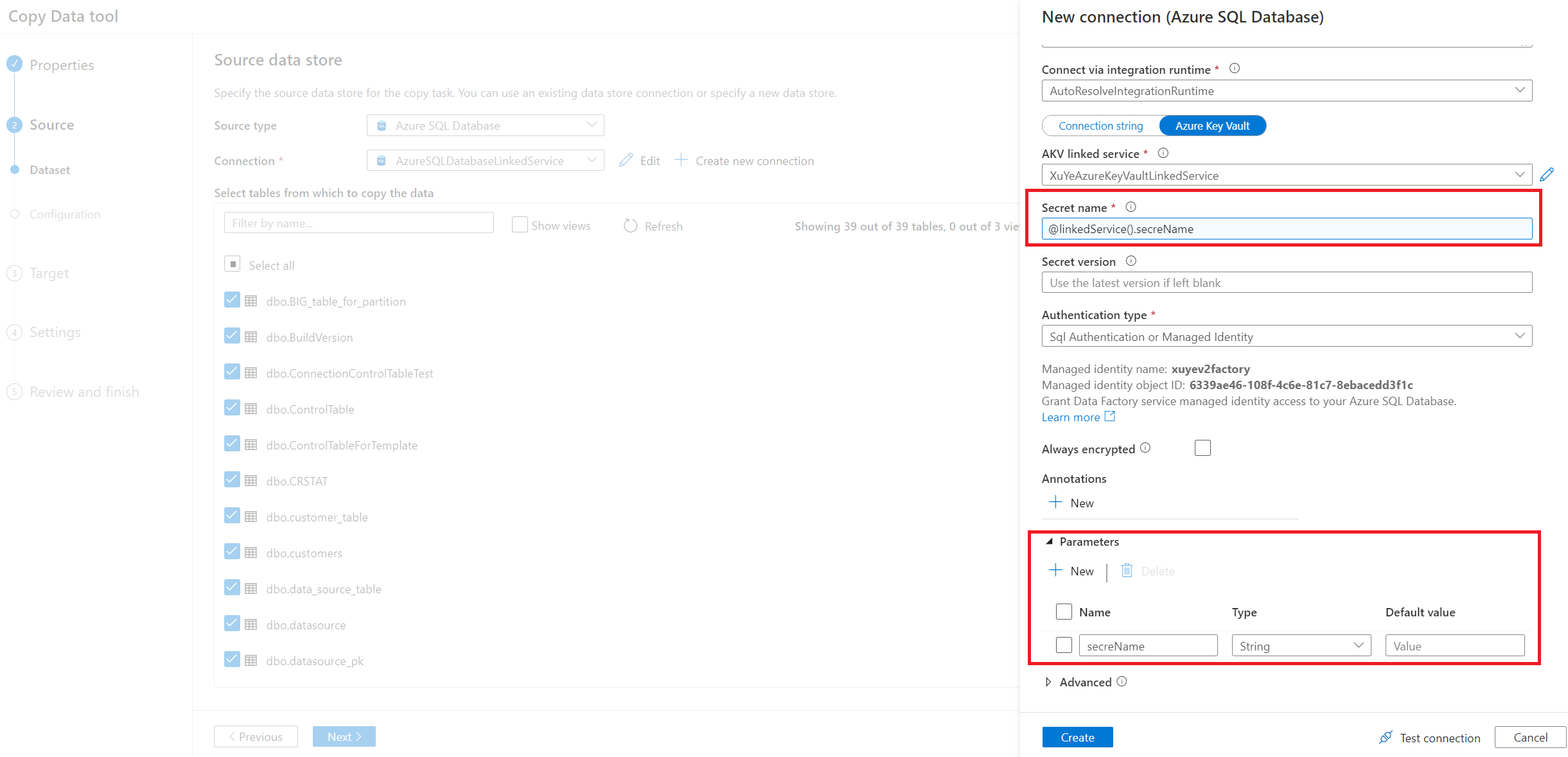 Select parameterized linked service