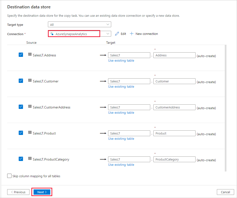 Screenshot showing the configuration of 'Destination data store' page.