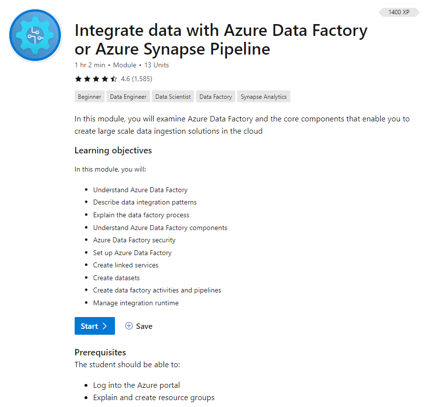 Screenshot that shows the start page for the Integrate data with Azure Data Factory or Azure Synapse Pipeline module.