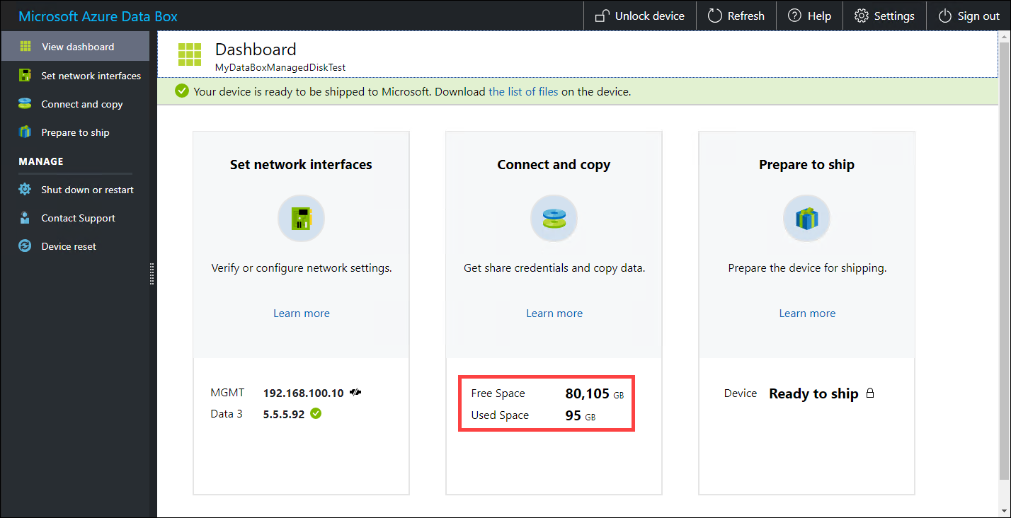 Verify free and used space on dashboard