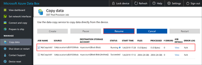 Screenshot of the Copy Data page highlighting the location of the Resume button.