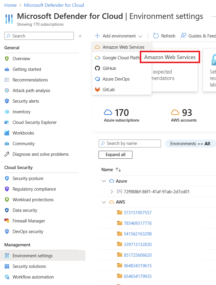 Screenshot of how to add an AWS environment in Microsoft Defender for Cloud.