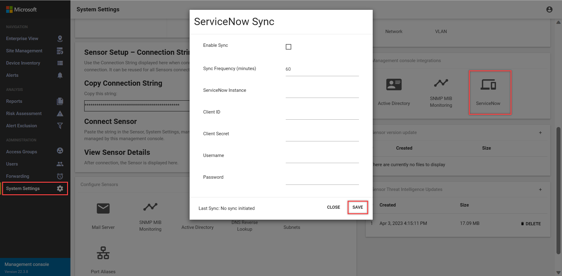 Screenshot of the ServiceNow sync dialog box.