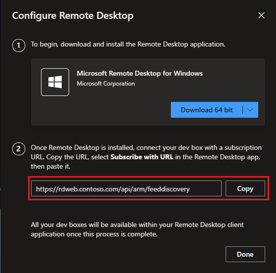 Screenshot of the Configure Remote Desktop dialog with the subscription feed URL highlighted.