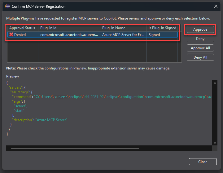 Screenshot of Confirm MCP Server Registration window with Azure MCP Server selected and Approve option.