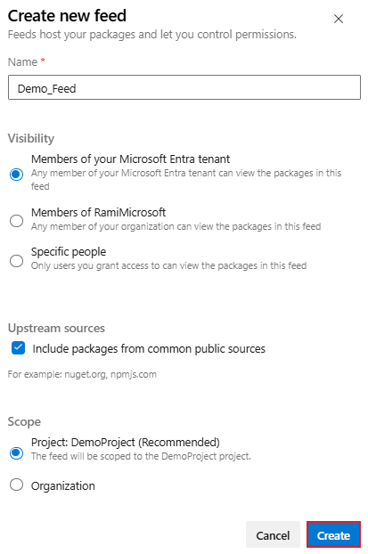 A screenshot displaying how to create a new feed in Azure DevOps Services.